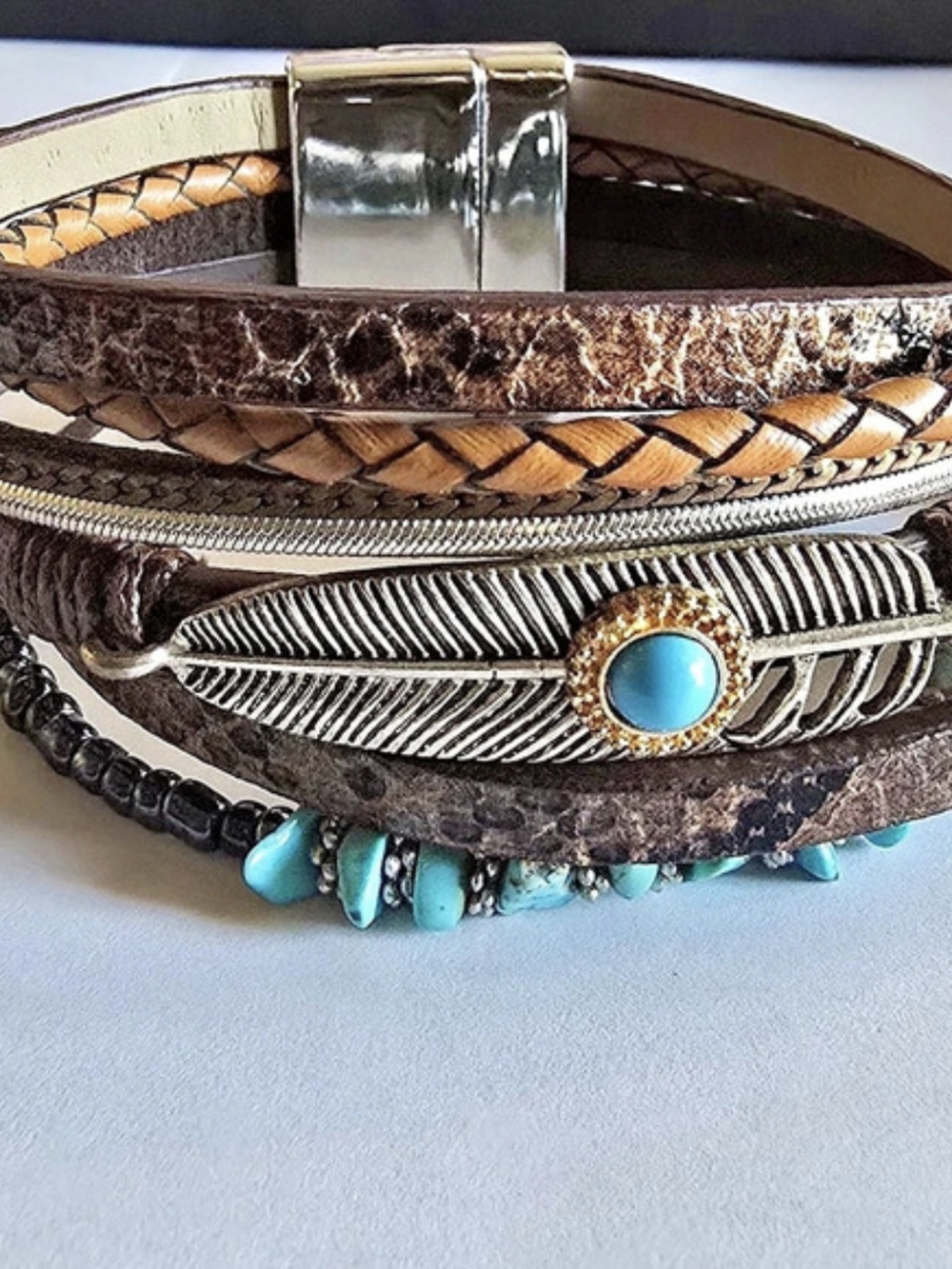 Brown & Turquoise Feather Bracelet Stack